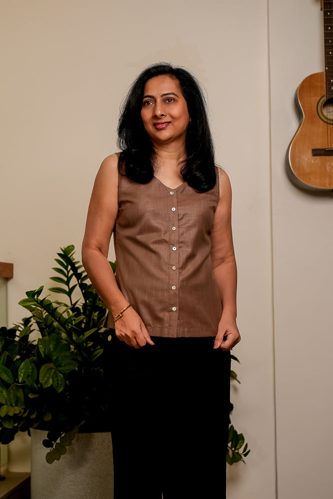 Cotton Sleeveless Brown Top