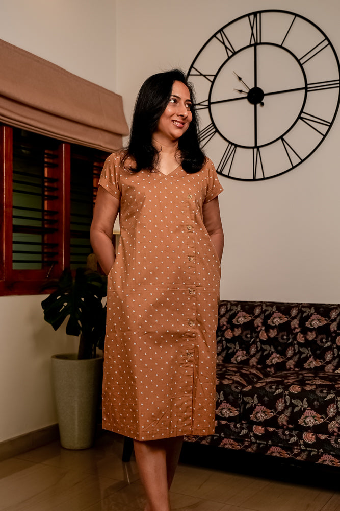 Caramel Cotton Casual Midi Dress