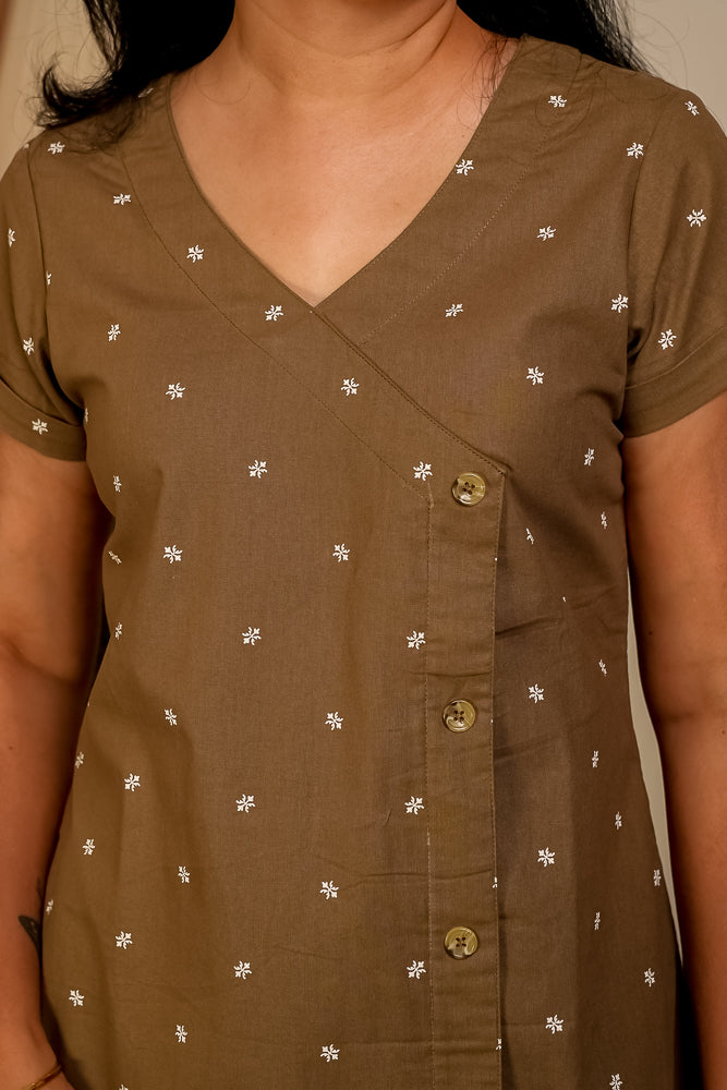 Earthy Brown Cotton Casual Midi Dress