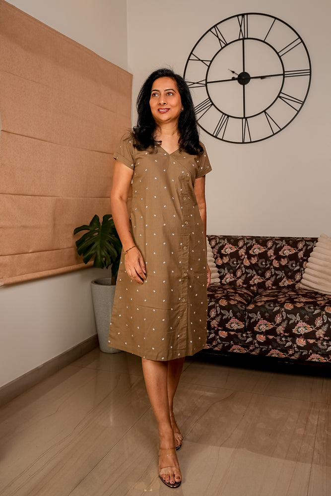 Earthy Brown Cotton Casual Midi Dress