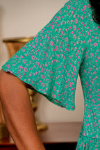 Emerald Bloom Flutter Sleeve Midi Dress