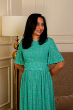 Emerald Bloom Flutter Sleeve Midi Dress