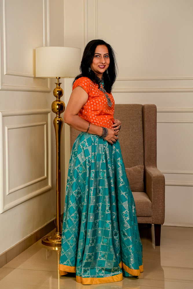 Teal & Gold Woven Flared Skirt With Orange Blouse