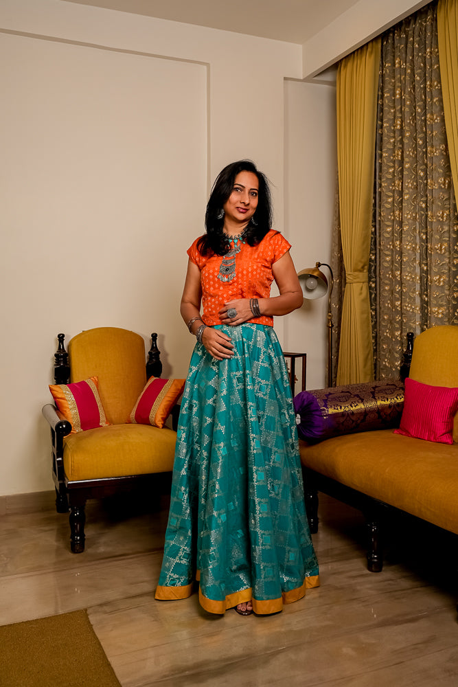 Teal & Gold Woven Flared Skirt With Orange Blouse