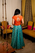 Teal & Gold Woven Flared Skirt With Orange Blouse