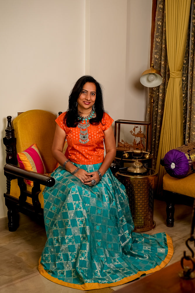 Teal & Gold Woven Flared Skirt With Orange Blouse