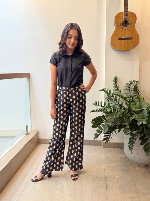 Black Shirt & Gold Motif Tailored Pants Co-ord Set