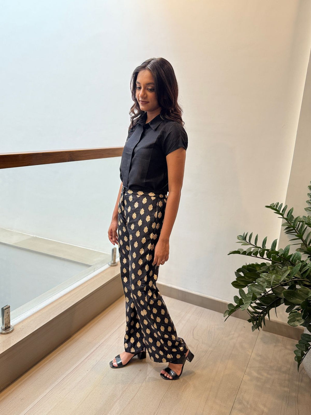 Black Shirt & Gold Motif Tailored Pants Co-ord Set